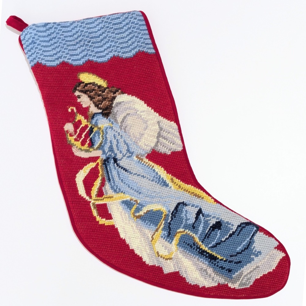 Lands End BLANK Wool Needlepoint Stocking Angel Harp (Name Removed) Petit Point